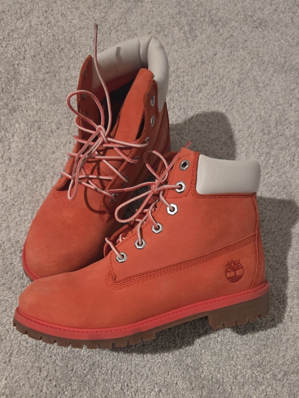 Timberland Pink Lace-Up Nubuck Boots with White Collar